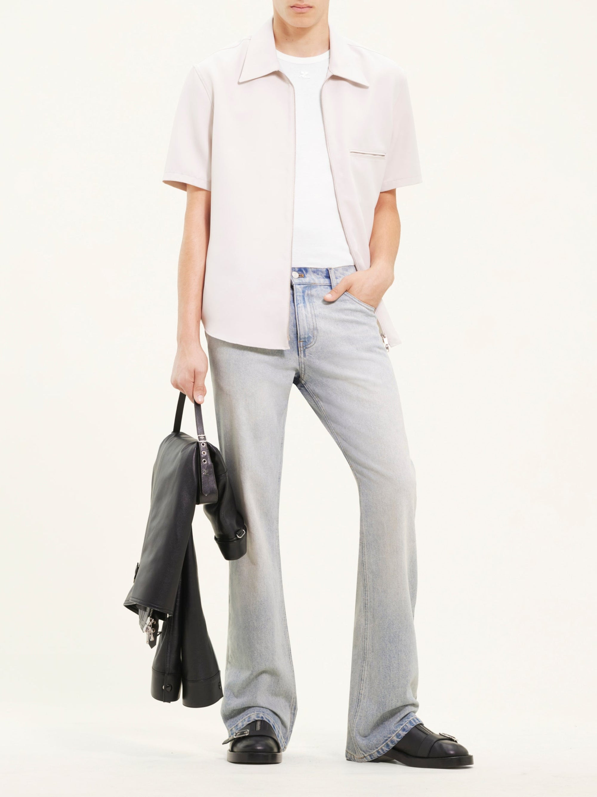 Zipped light twill ss Shirt - Lime Stone
