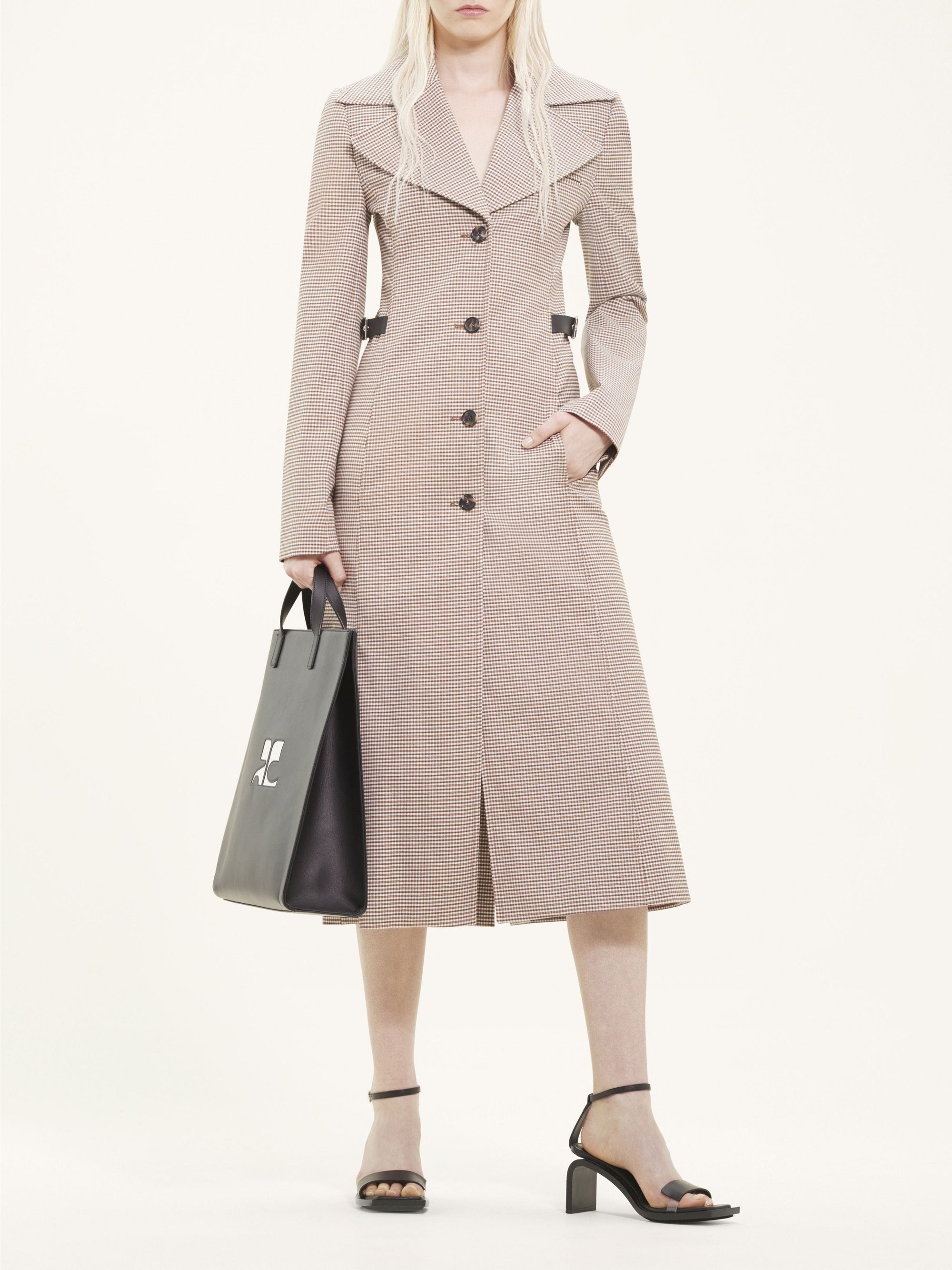 Maxi collar checked wool
 long Coat - Brown