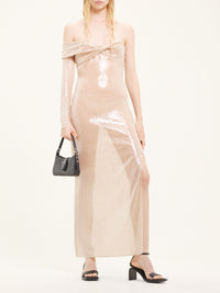Twist asymetrical glitter long Dress - Beige