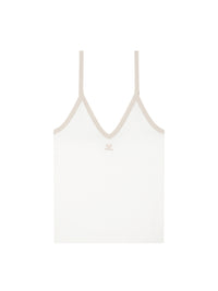 Contrast v neck tank Top - White & Sand