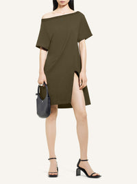 Boat neck cotton mini Dress - Camouflage Green
