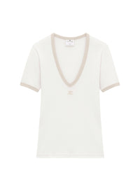 Contrast v neck T-Shirt - White & Sand