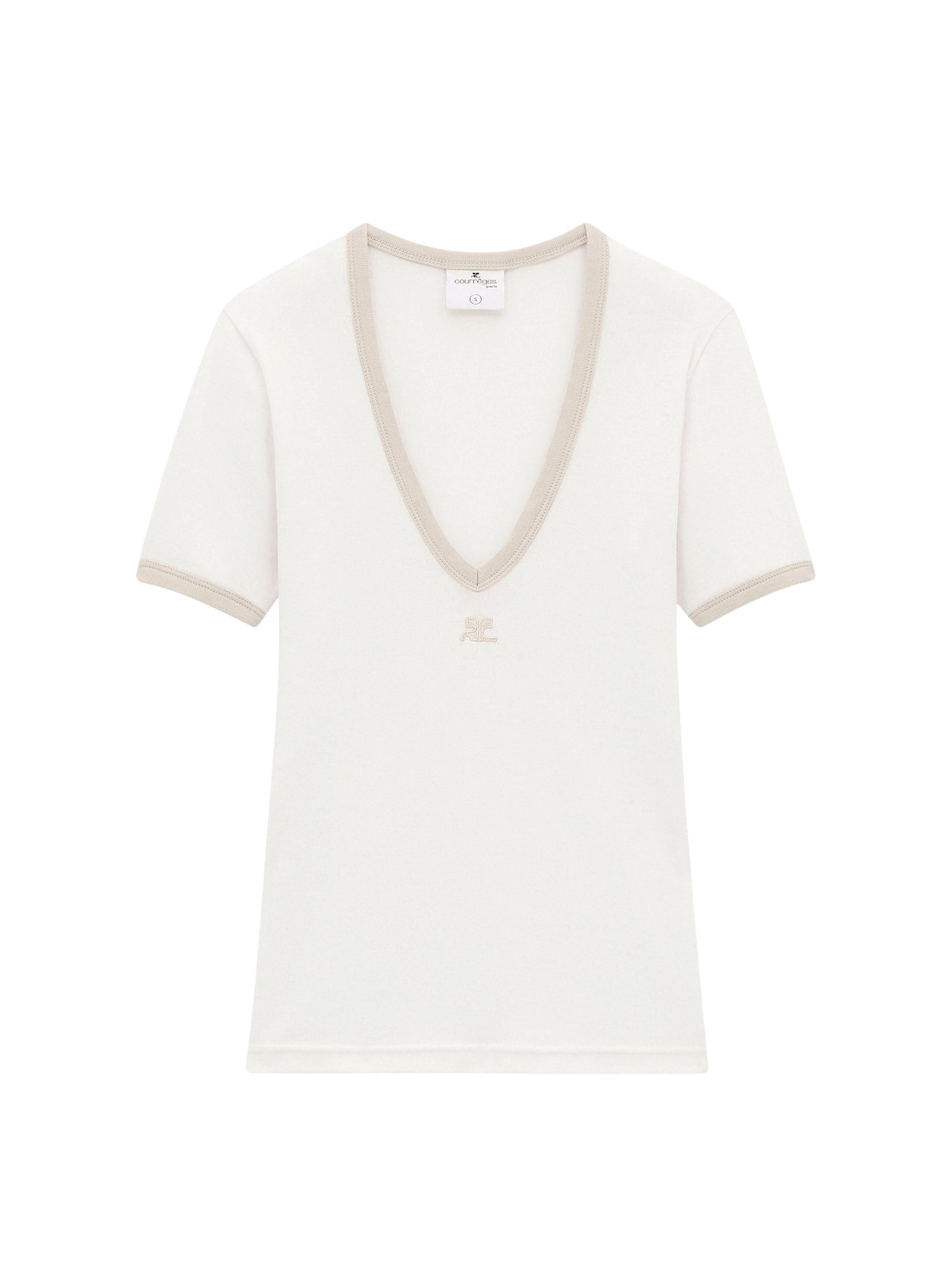 Contrast v neck T-Shirt - White & Sand