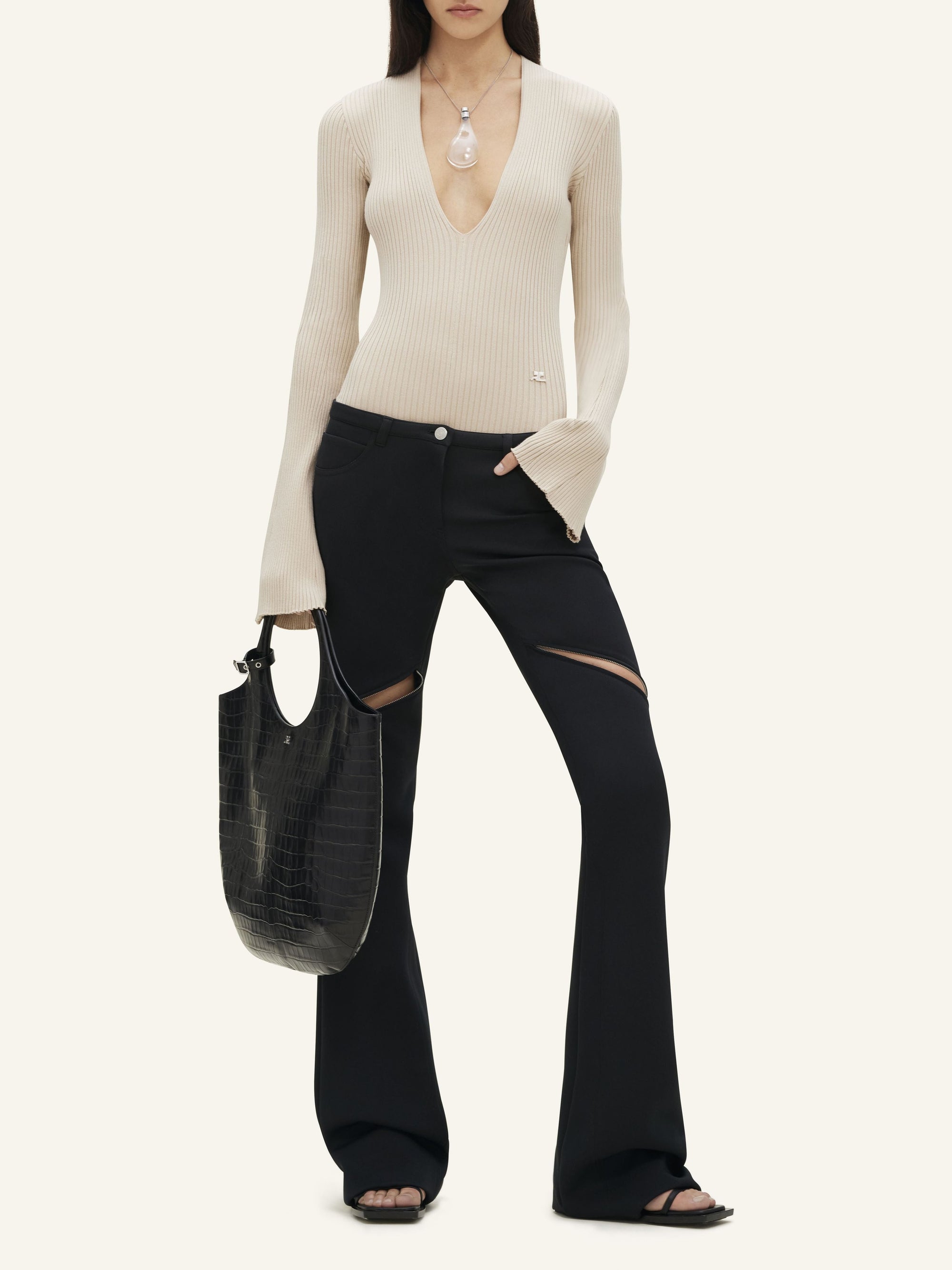 V neck rib knit Bodysuit - Beige