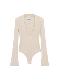 V neck rib knit Bodysuit - Sand