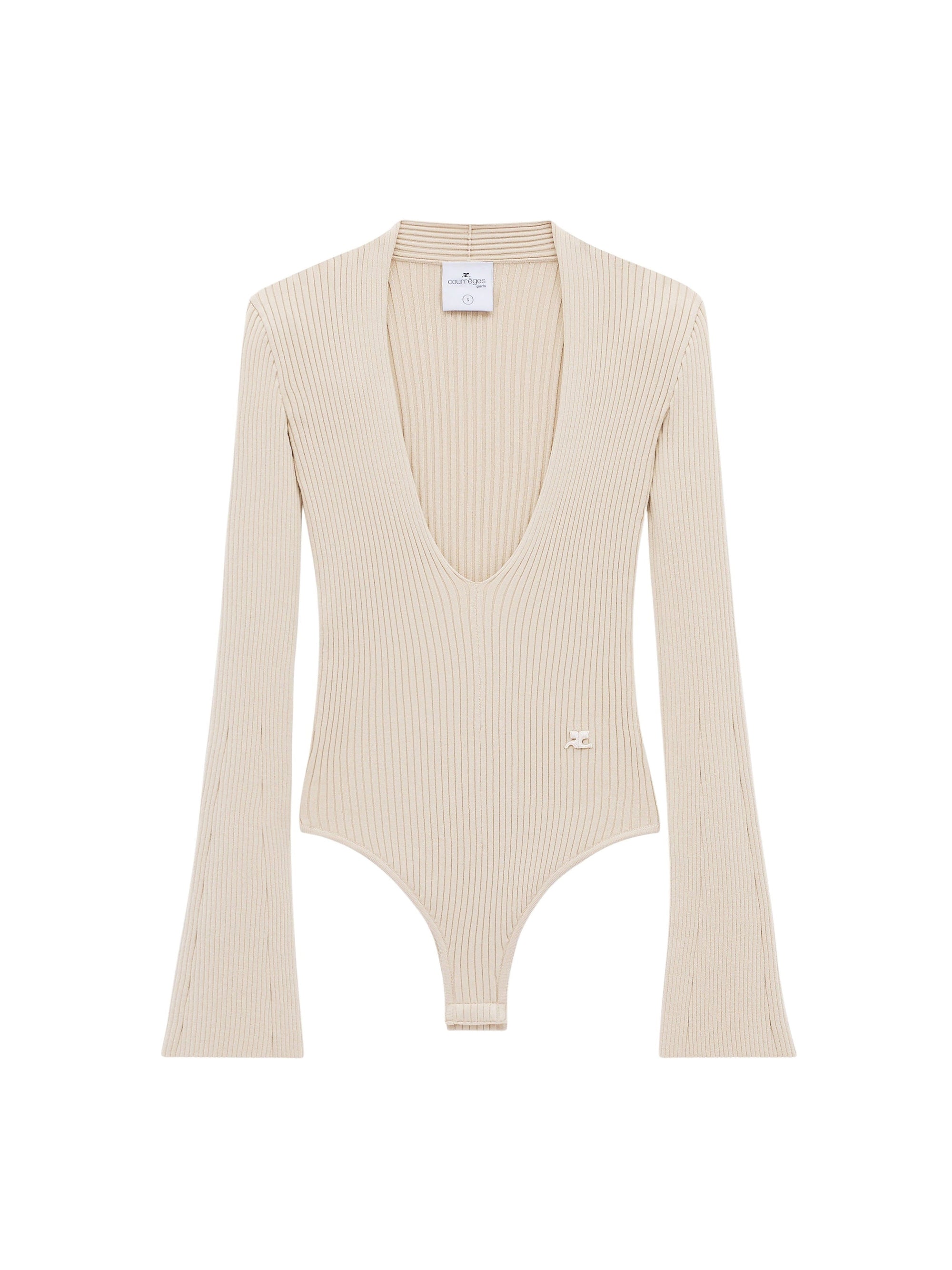 V neck rib knit Bodysuit - Sand