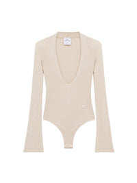 V neck rib knit Bodysuit - Beige