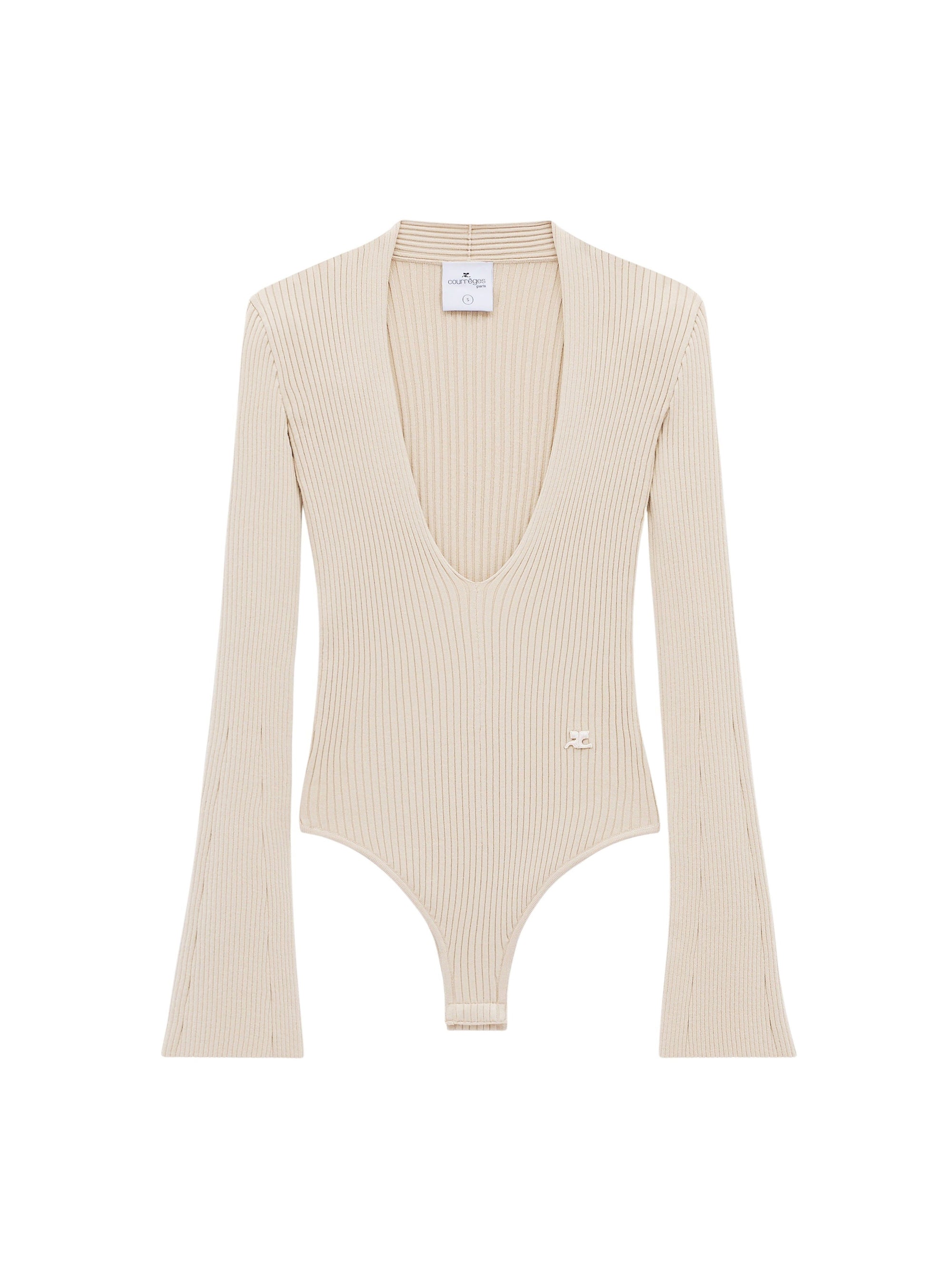 V neck rib knit Bodysuit - Beige