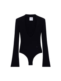 V neck rib knit Bodysuit - Black