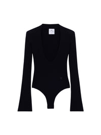 V neck rib knit Bodysuit - Black