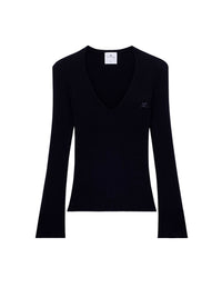 V neck rib knit Sweater - Black