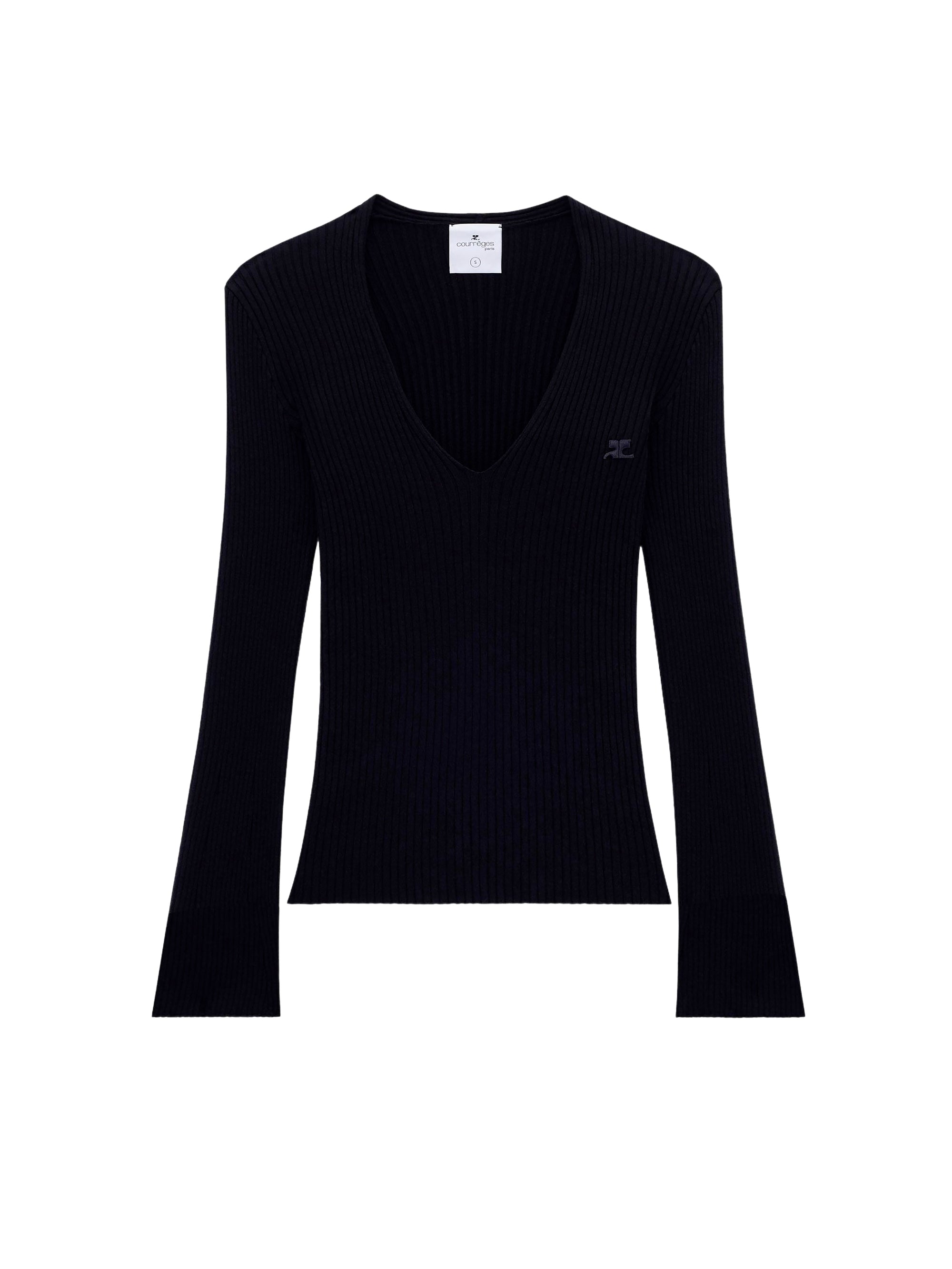 V neck rib knit Sweater - Black