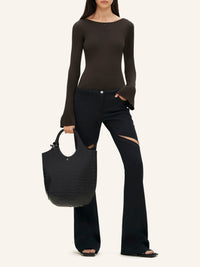 Boat neck rib knit Sweater - Mud Brown