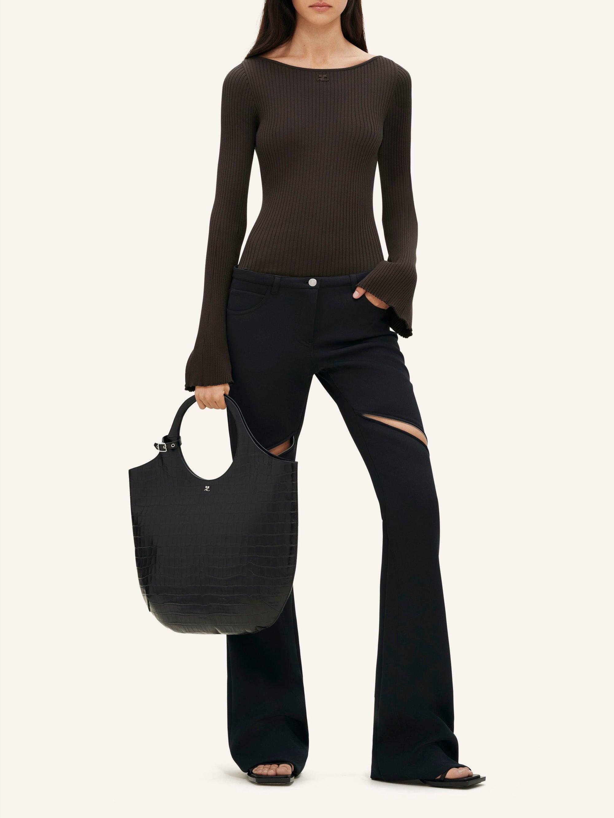 Boat neck rib knit Sweater - Mud Brown
