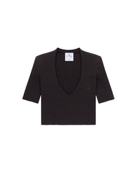 V neck rib knit cropped Sweater - Mud Brown