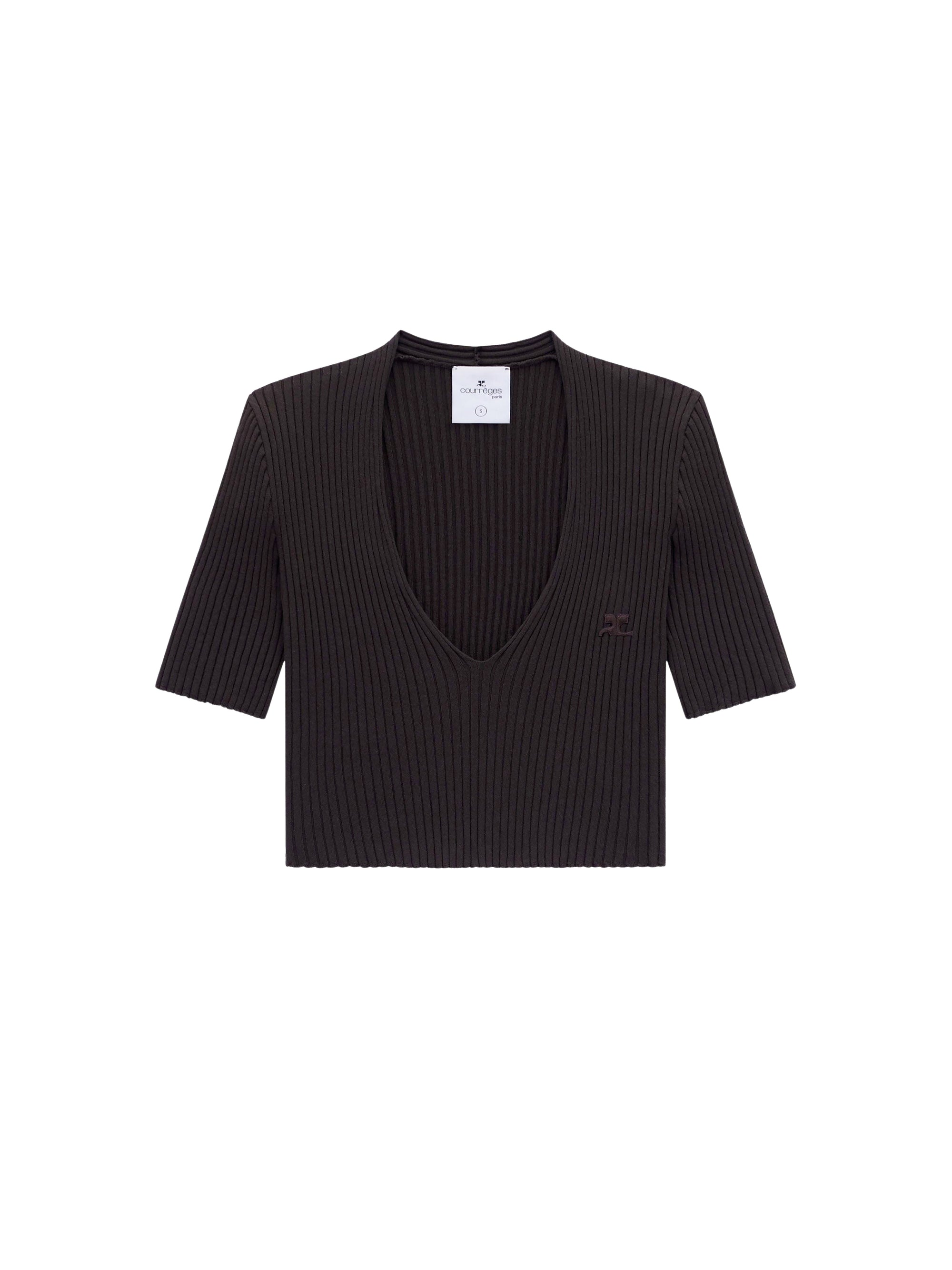 V neck rib knit cropped Sweater - Mud Brown