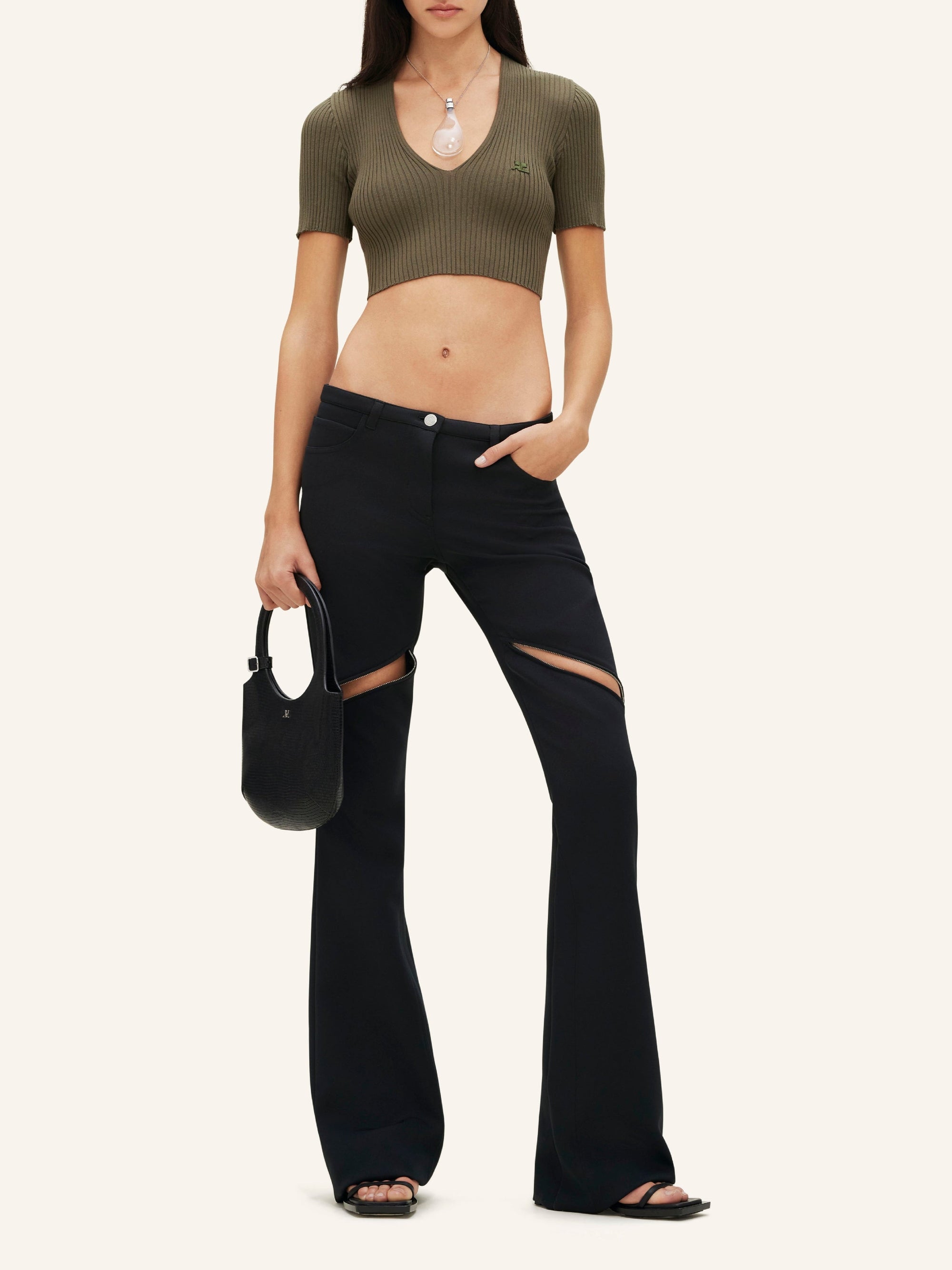 Iconic cropped knit V-neck Sweater - Camouflage Green