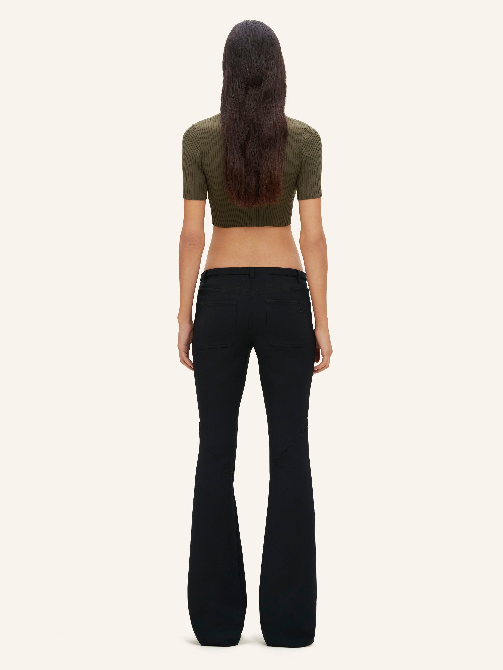 V neck rib knit cropped Sweater - Camouflage Green