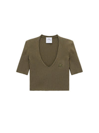 V neck rib knit cropped Sweater - Camouflage Green