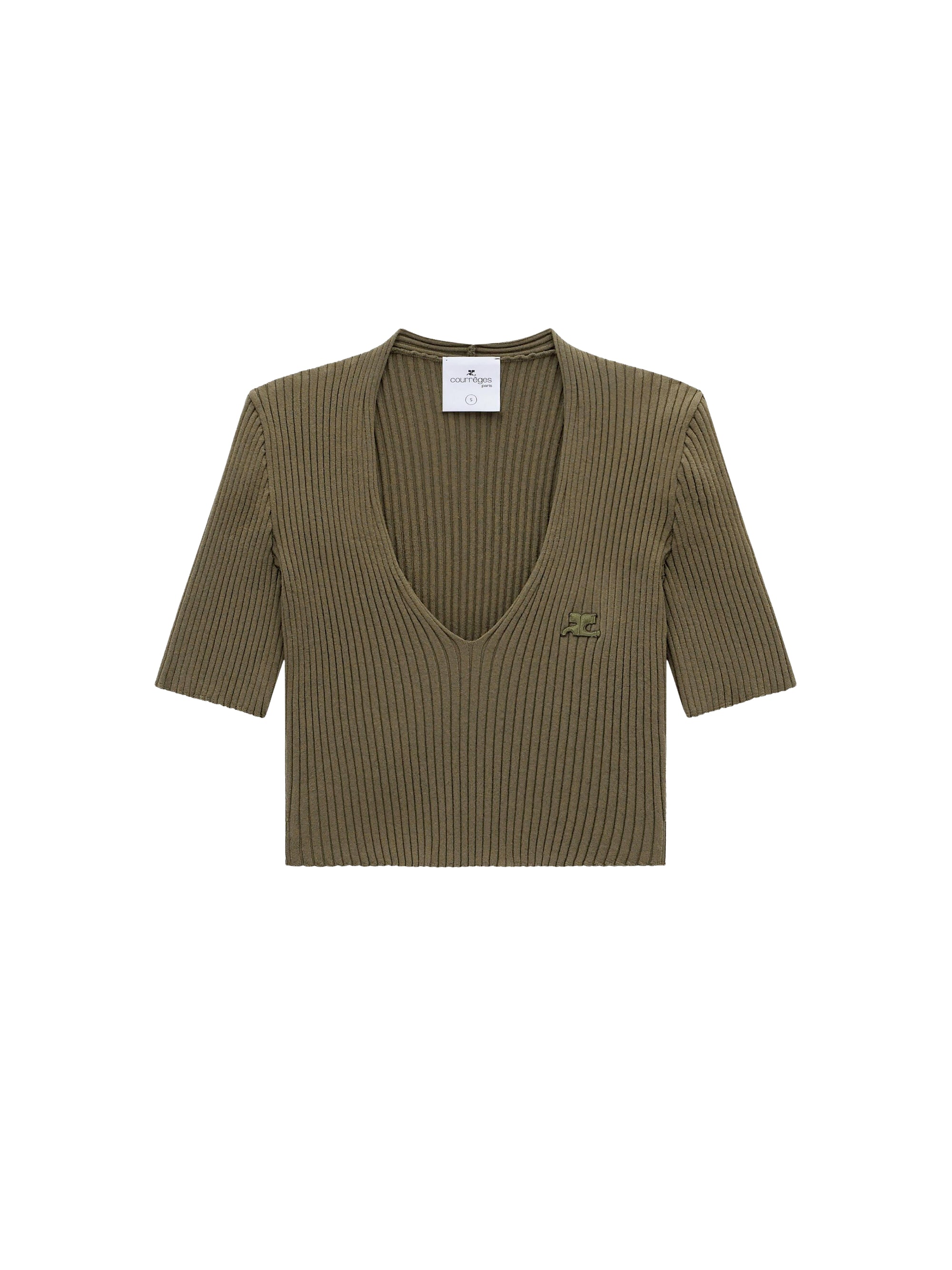 V neck rib knit cropped Sweater - Camouflage Green