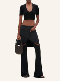 V neck rib knit cropped Sweater - Black
