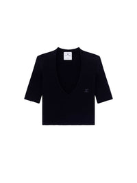 V neck rib knit cropped Sweater - Black
