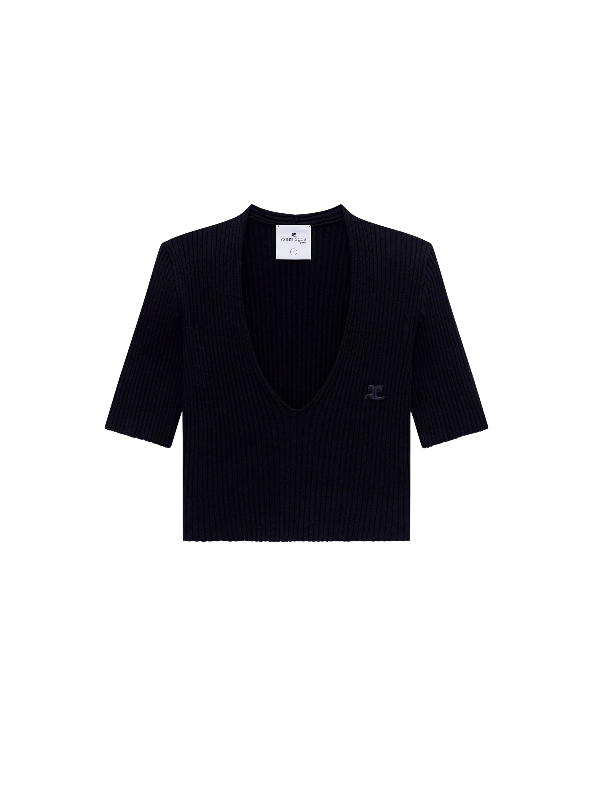 V neck rib knit cropped Sweater - Black