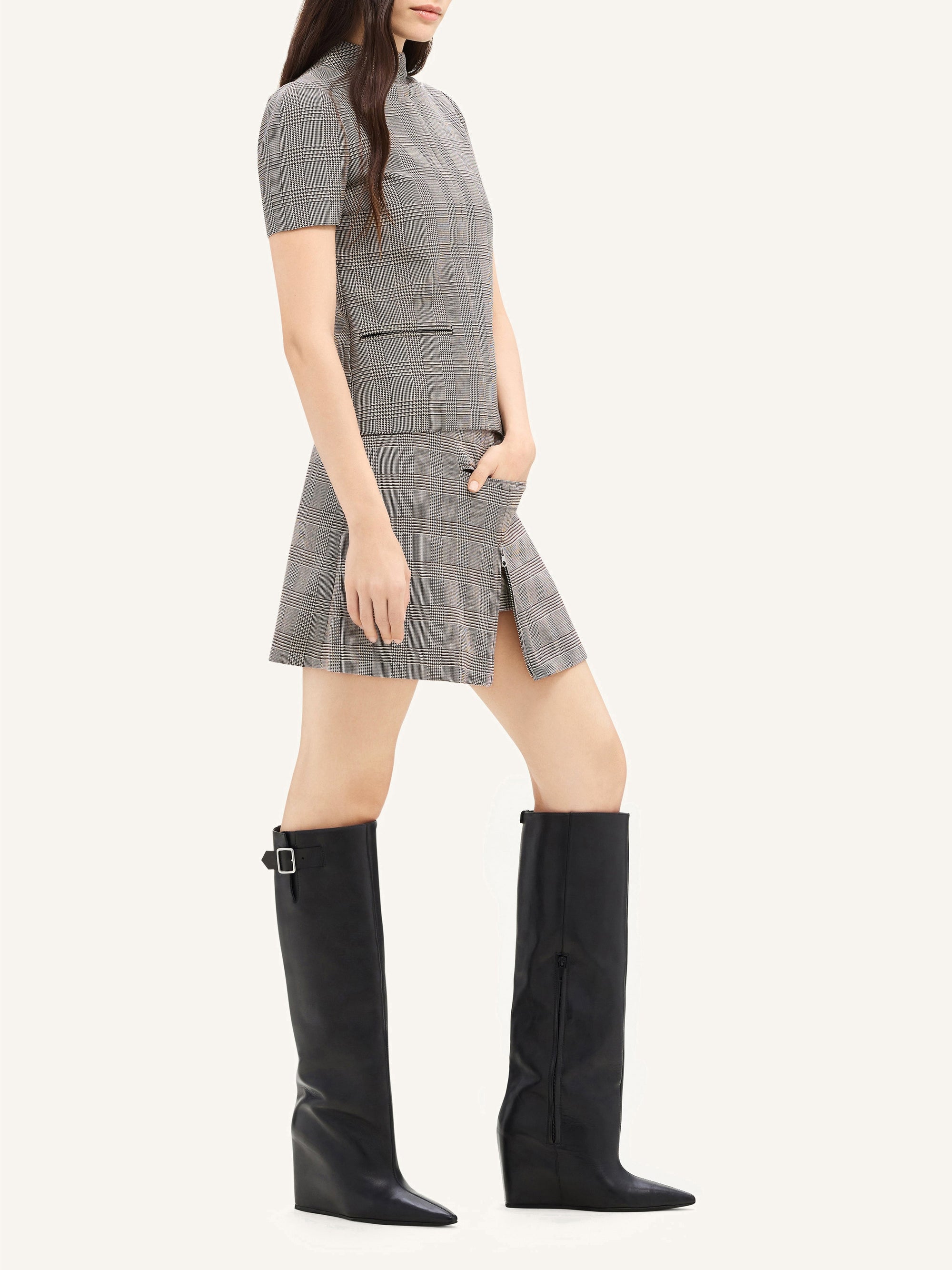 Tailored prince of wales wool mini Skirt - Sand & Mud Brown