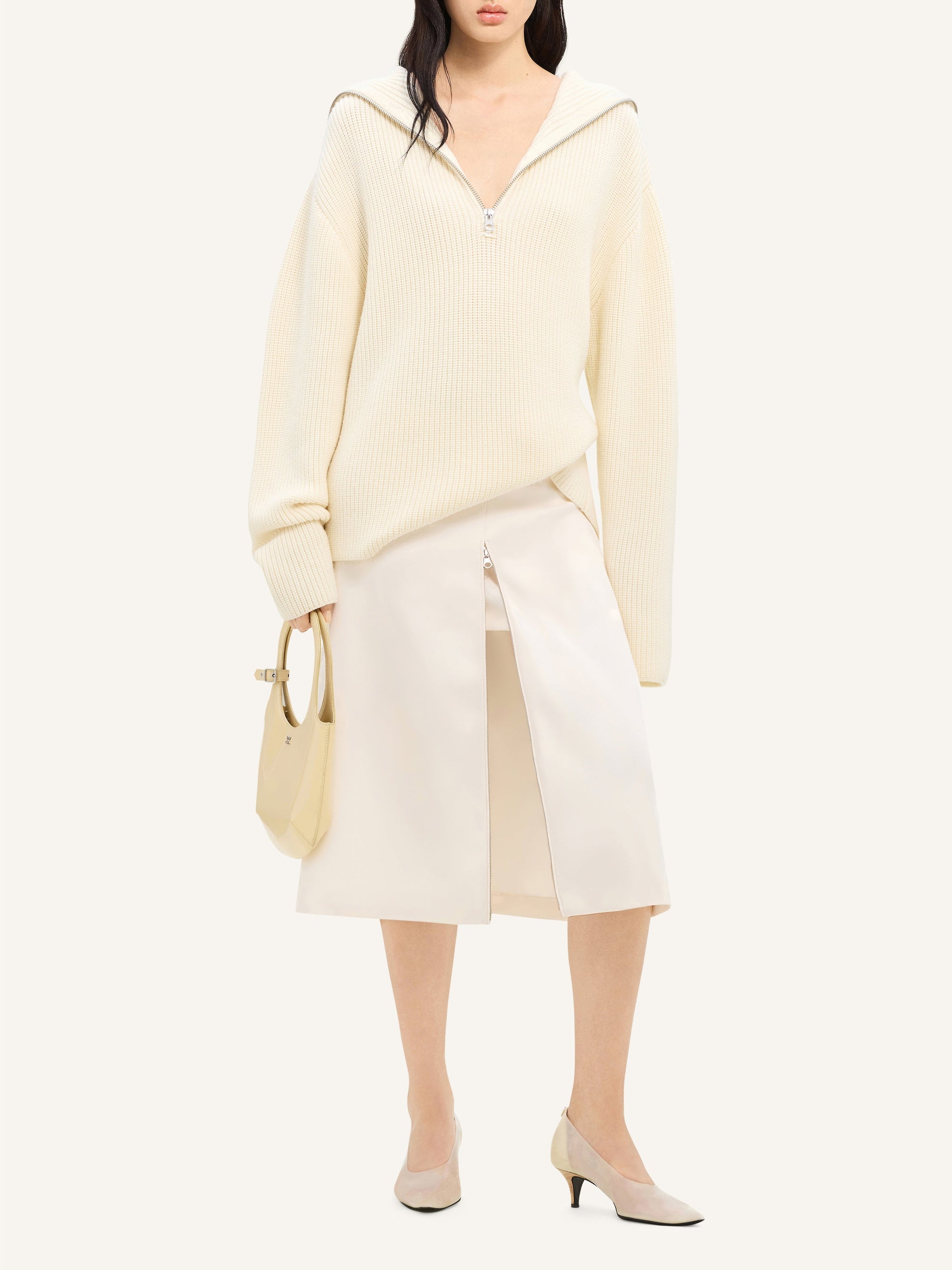 Tailored zipped twill midi Skirt - Natural