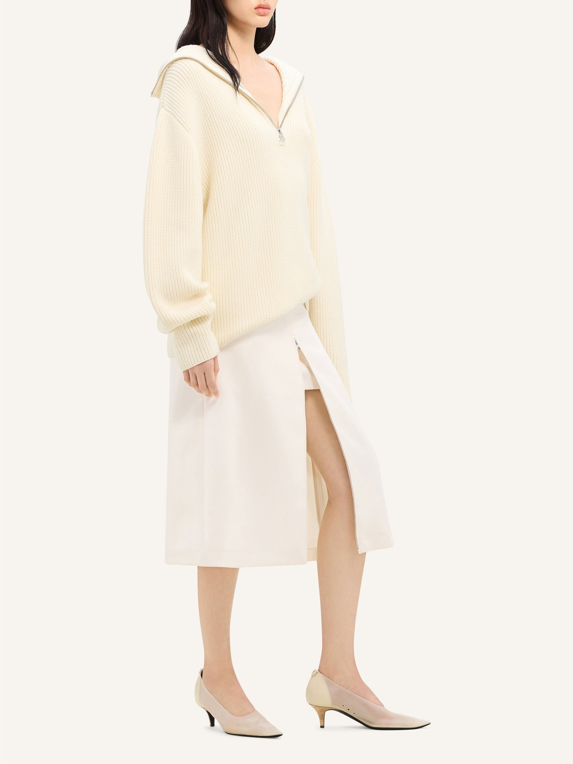 Tailored zipped twill midi Skirt - Natural