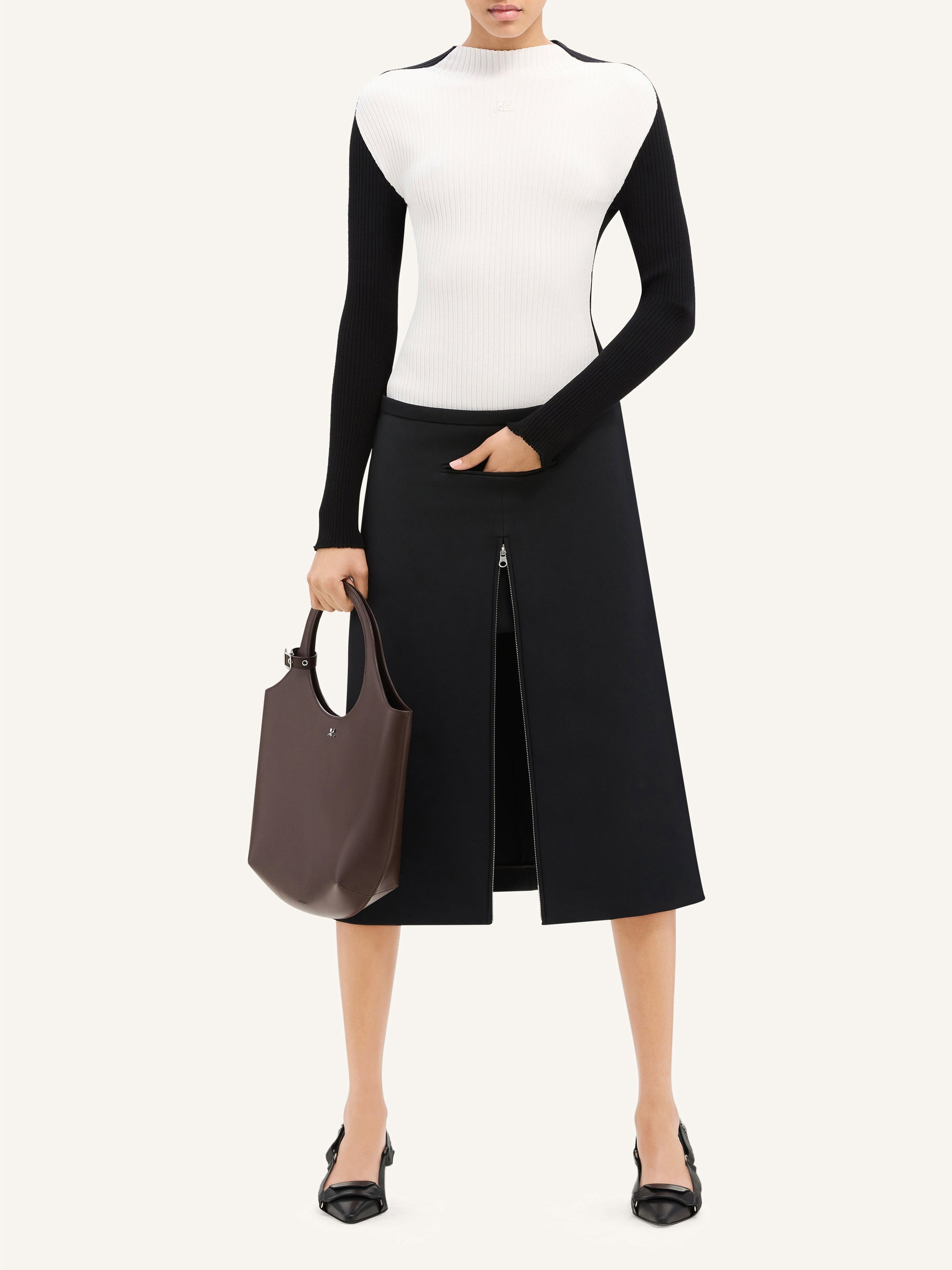 Tailored zipped twill midi Skirt - Black