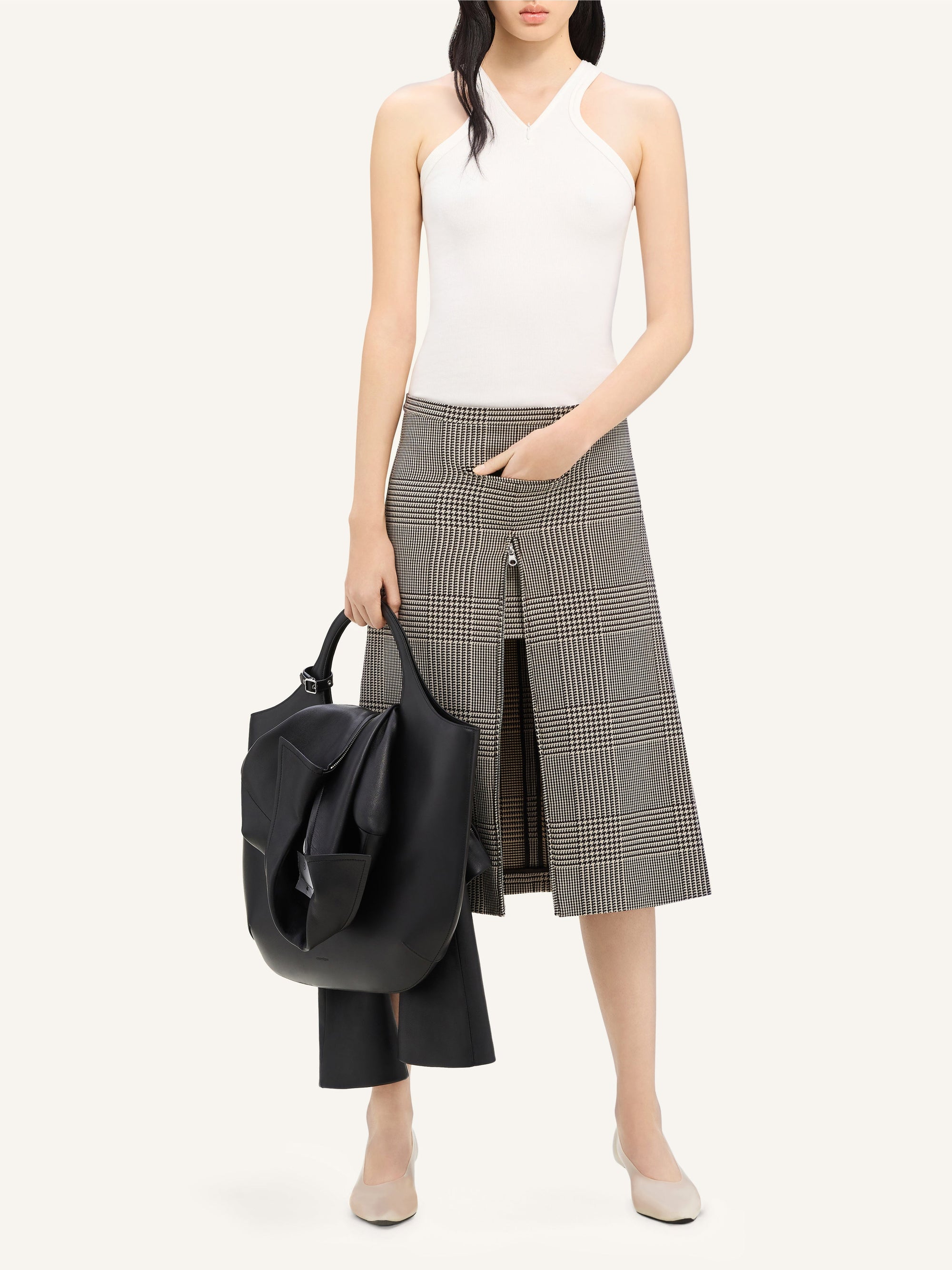 Zipped prince of wales midi Skirt - Sand & Mud Brown