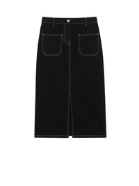2-pocket topstitched denim midi Skirt - Black & White
