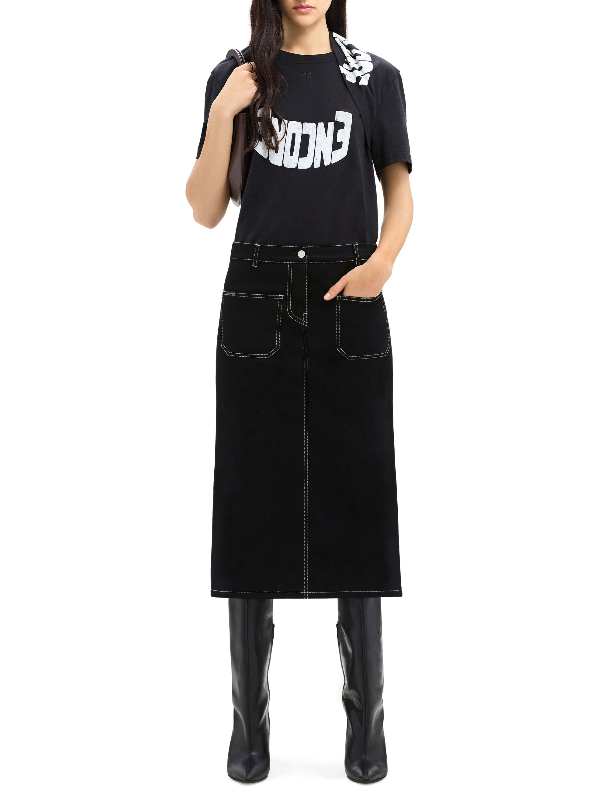 2-pocket topstitched denim midi Skirt - Black & White