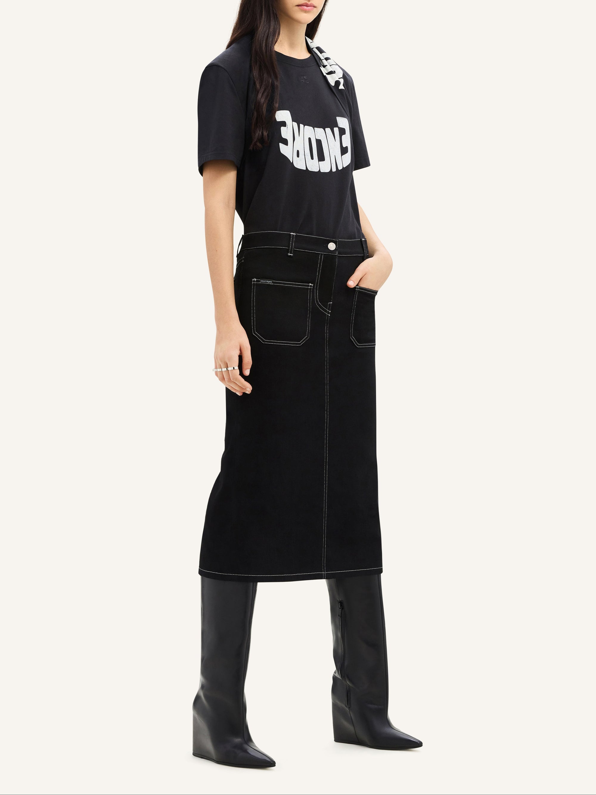 2-pocket topstitched denim midi Skirt - Black & White