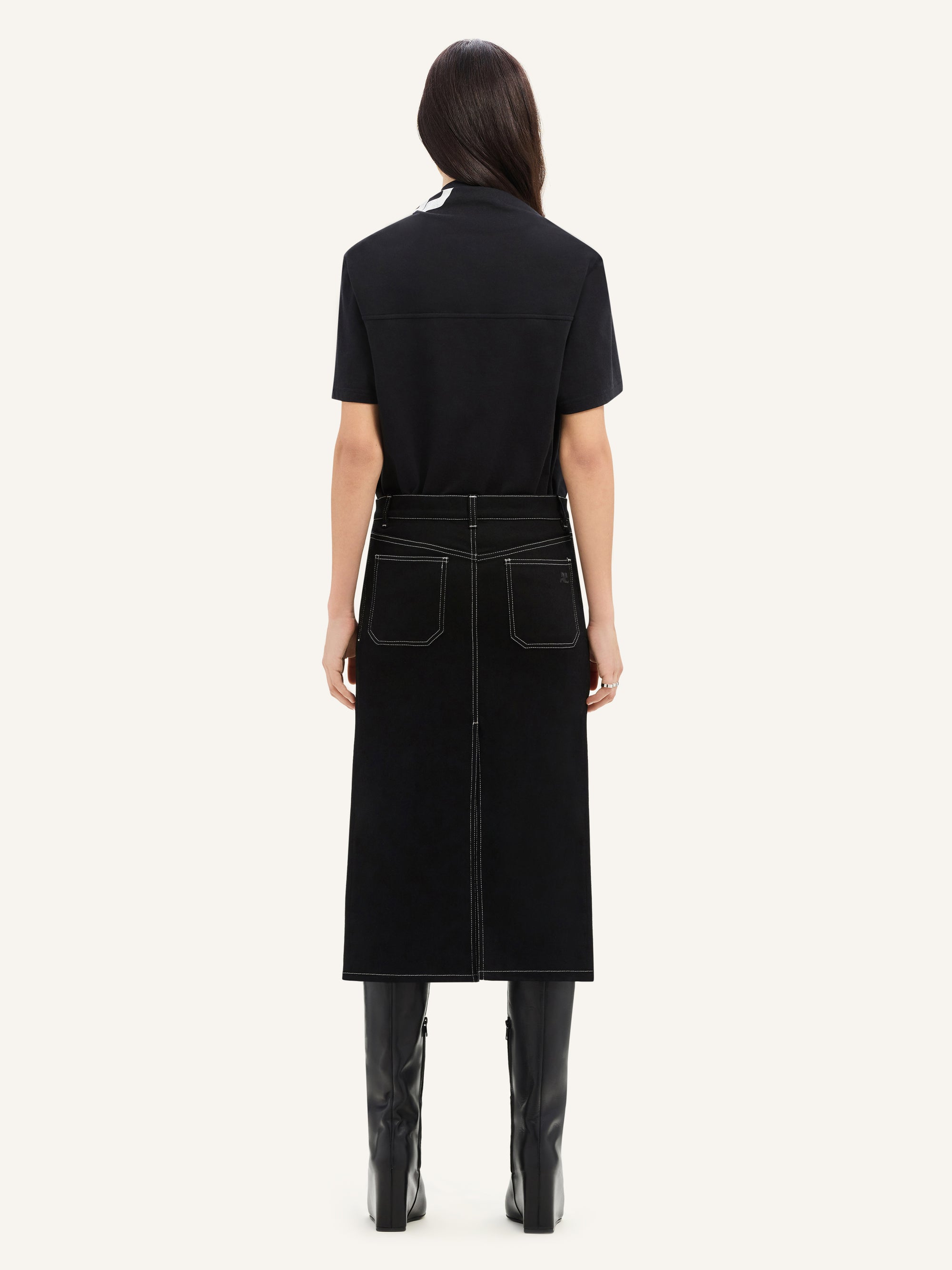2-pocket topstitched denim midi Skirt - Black & White