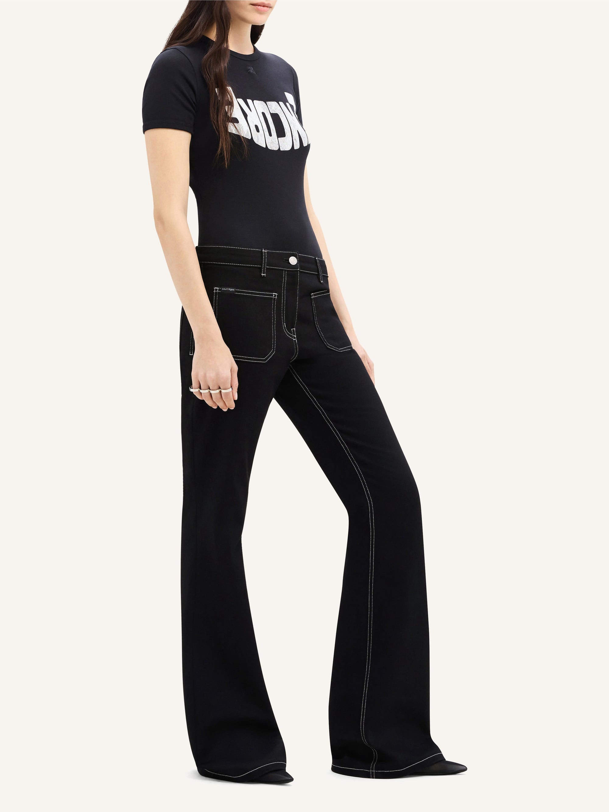 2-pocket topstitched denim bootcut Pant - Black & White