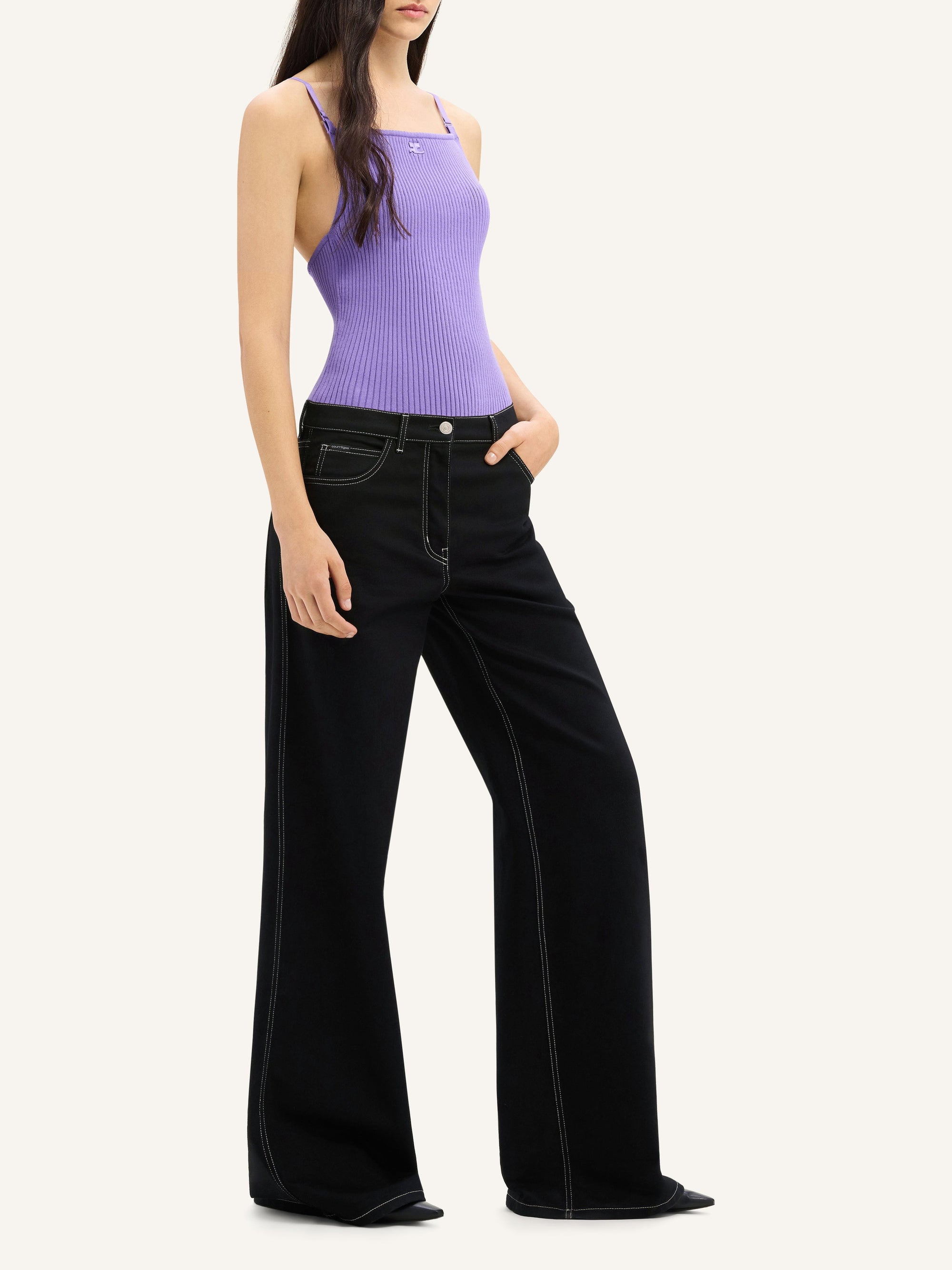 Hammer topstitched denim baggy Pant - Black & White