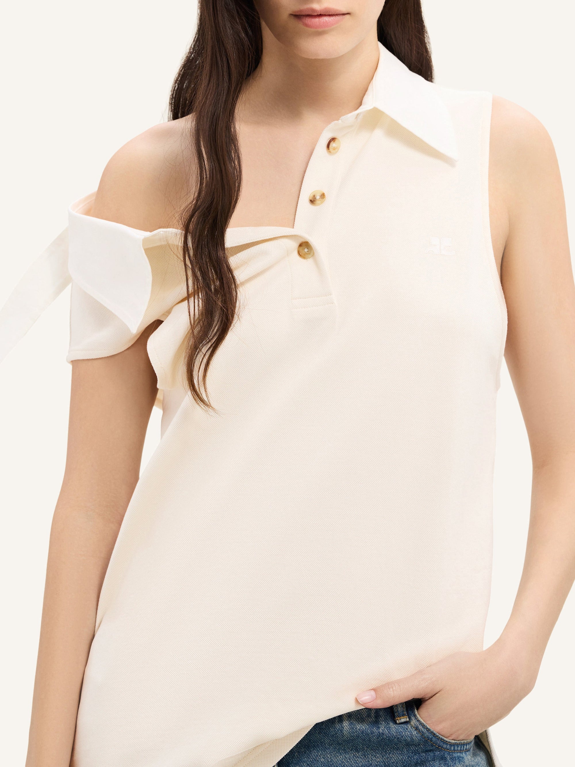 Sleeveless cotton polo Shirt - Natural & White