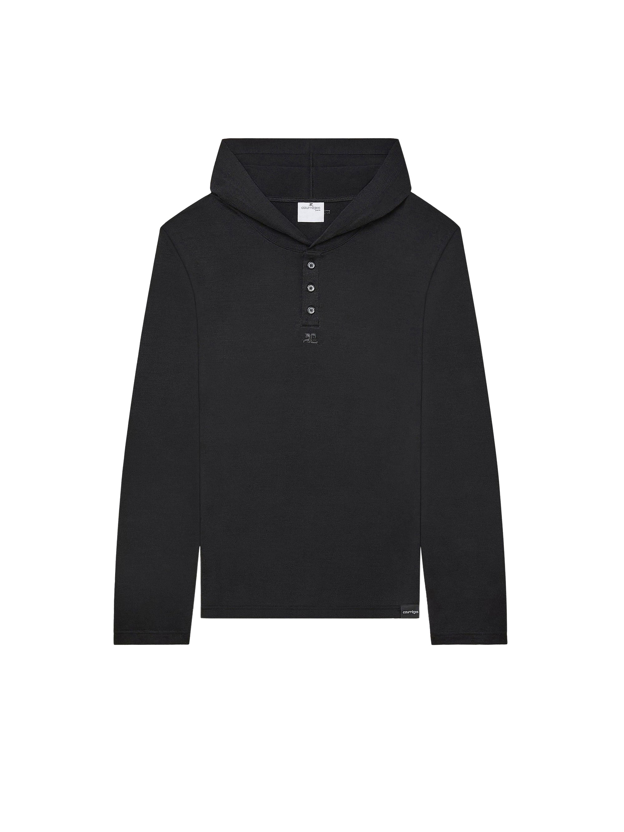Hooded snapped wool T-Shirt - Black
