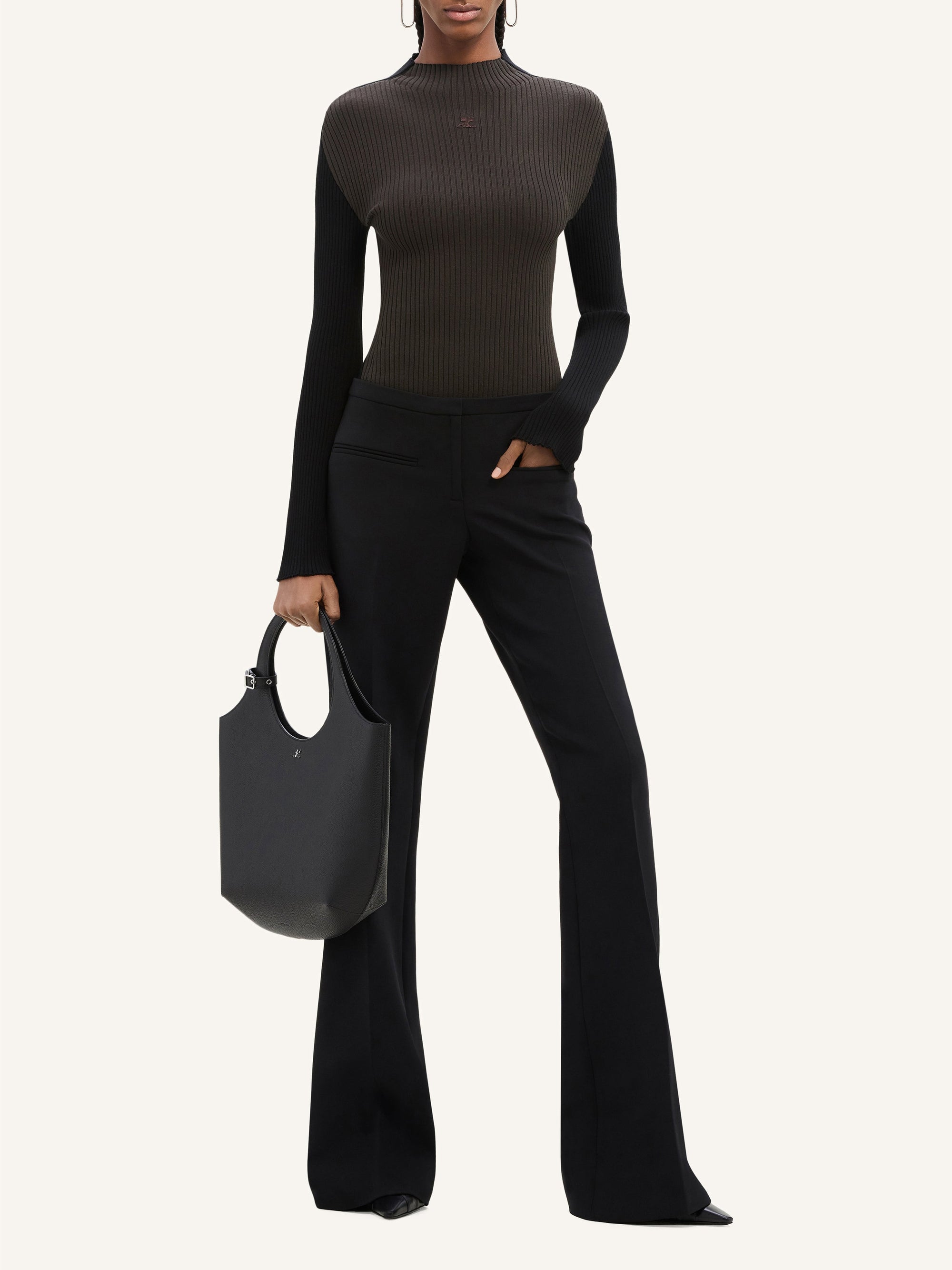 Contrast frame rib knit Sweater - Mud Brown & Black