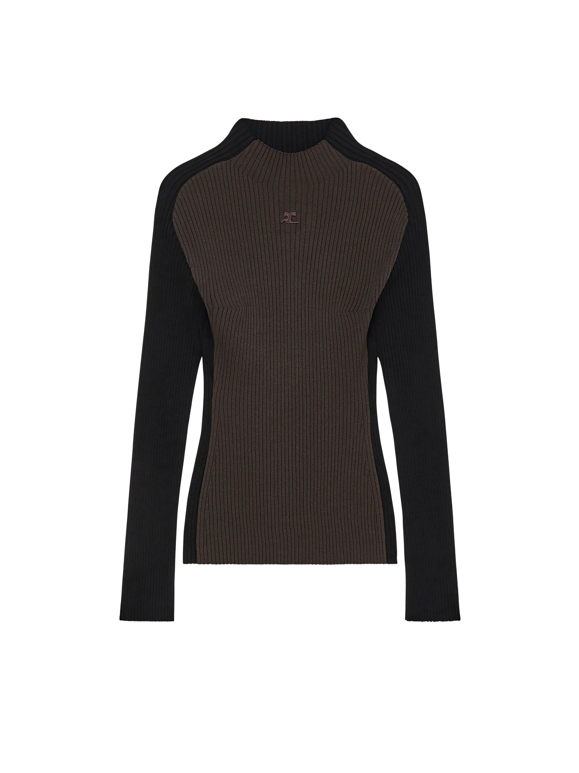 Contrast frame rib knit Sweater - Mud Brown & Black