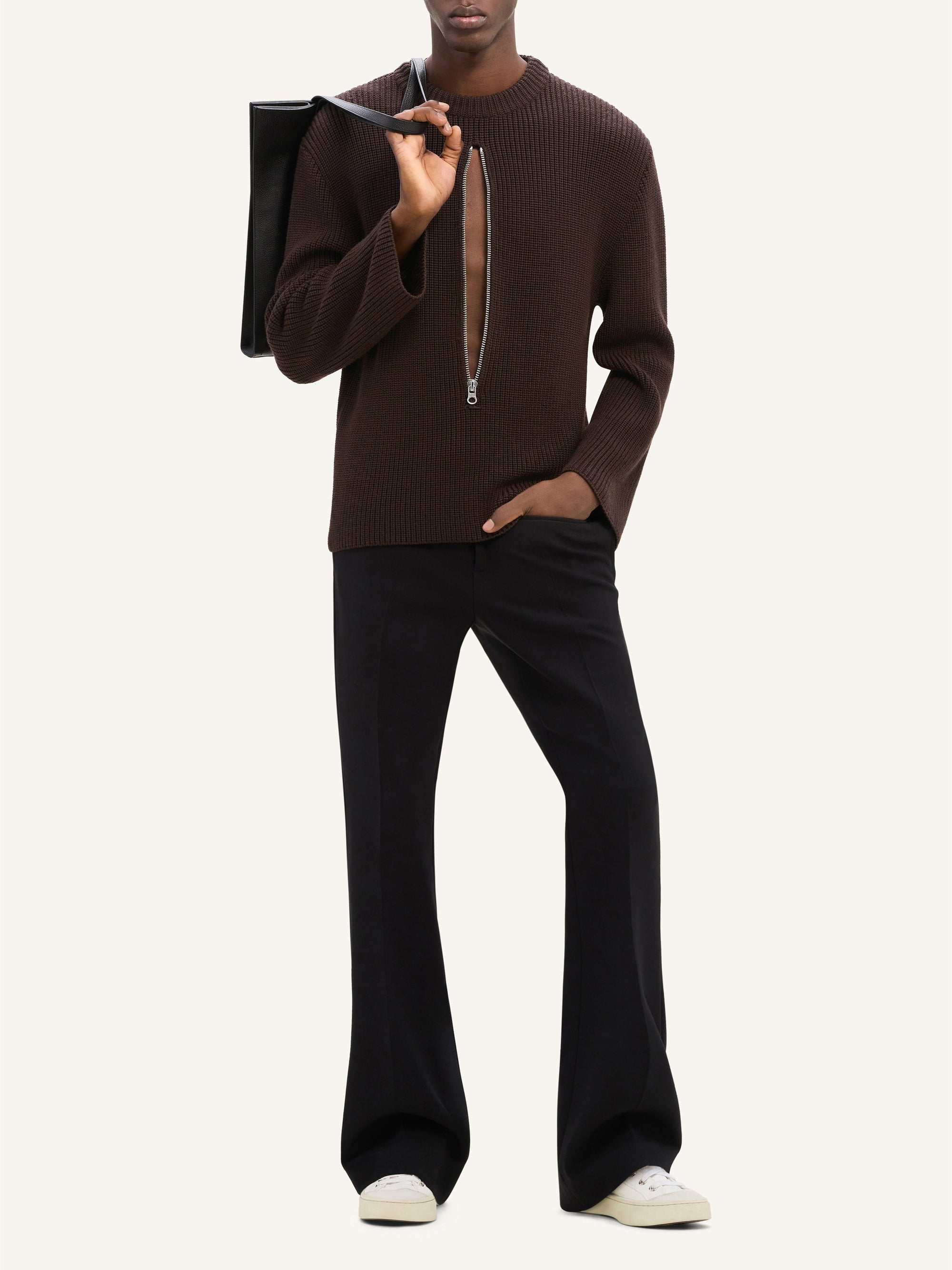 Zipped ribbed wool Sweater - Mud Brown