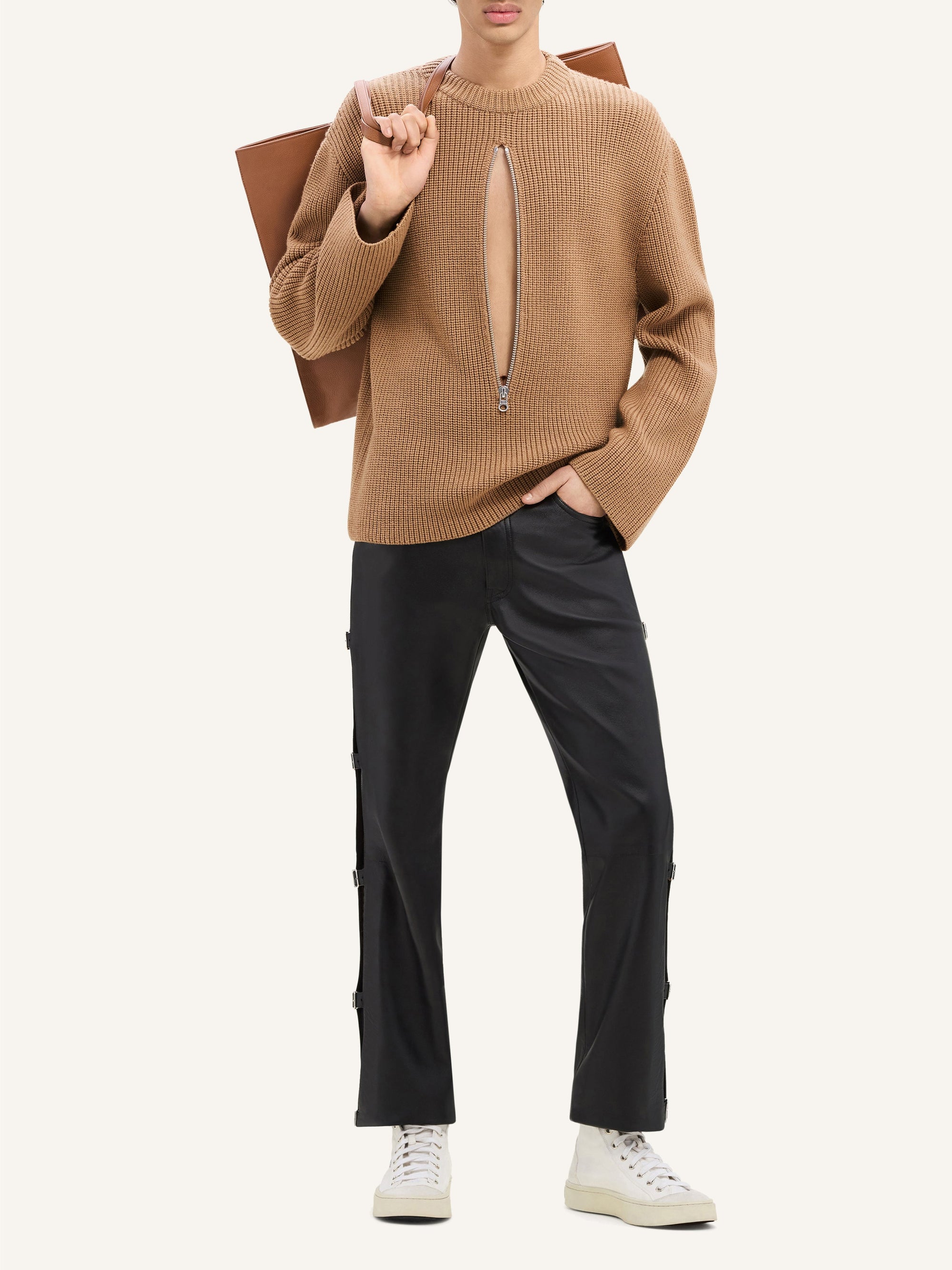 Zipped ribbed wool Sweater - Toffee