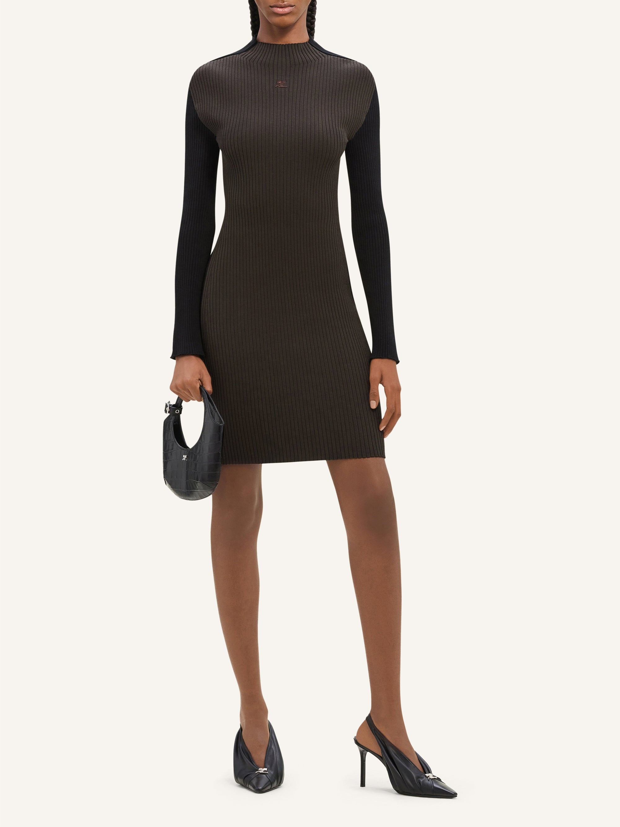 Contrast frame rib knit mini Dress - Mud Brown & Black