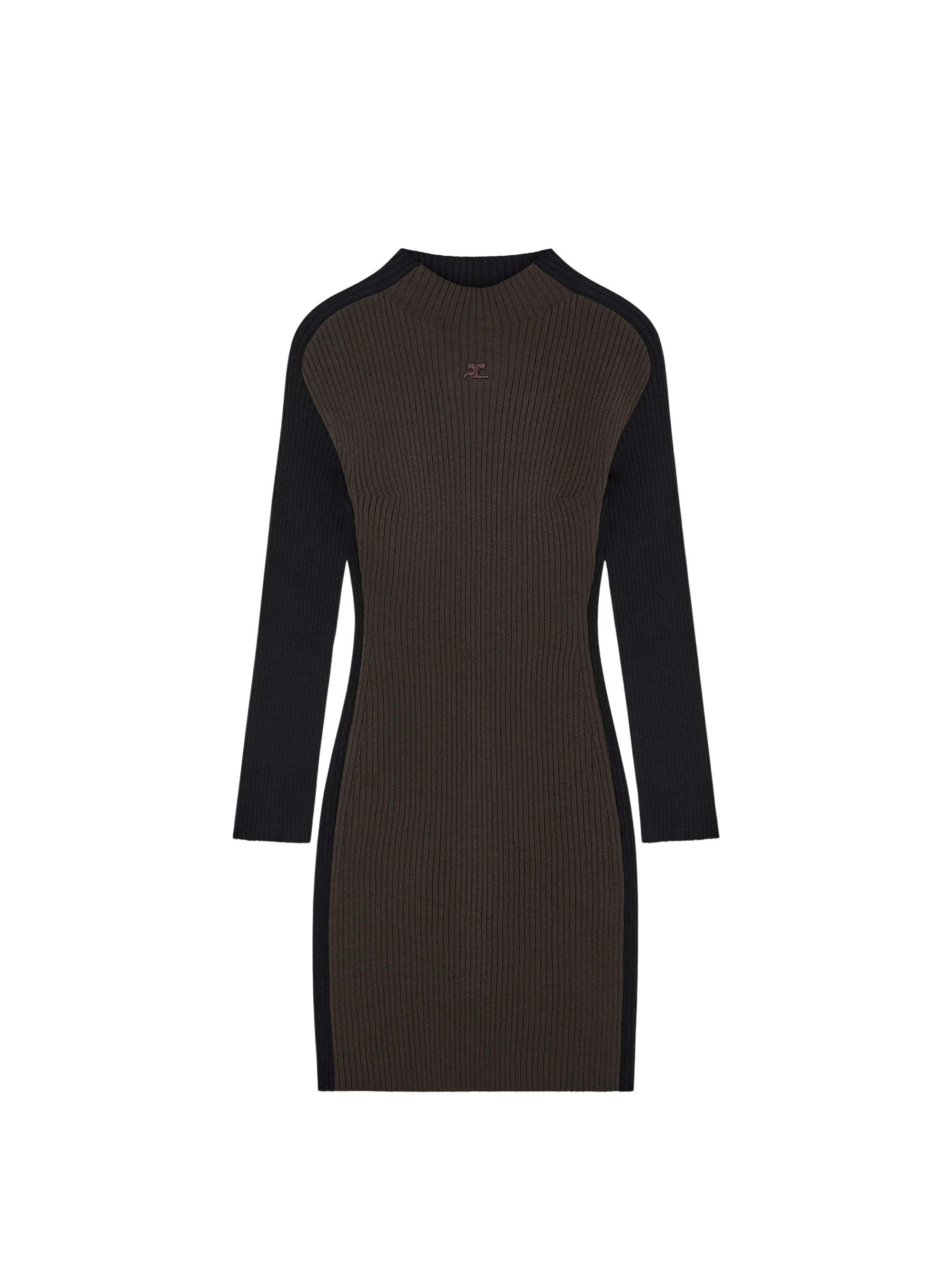 Contrast frame rib knit mini Dress - Mud Brown & Black