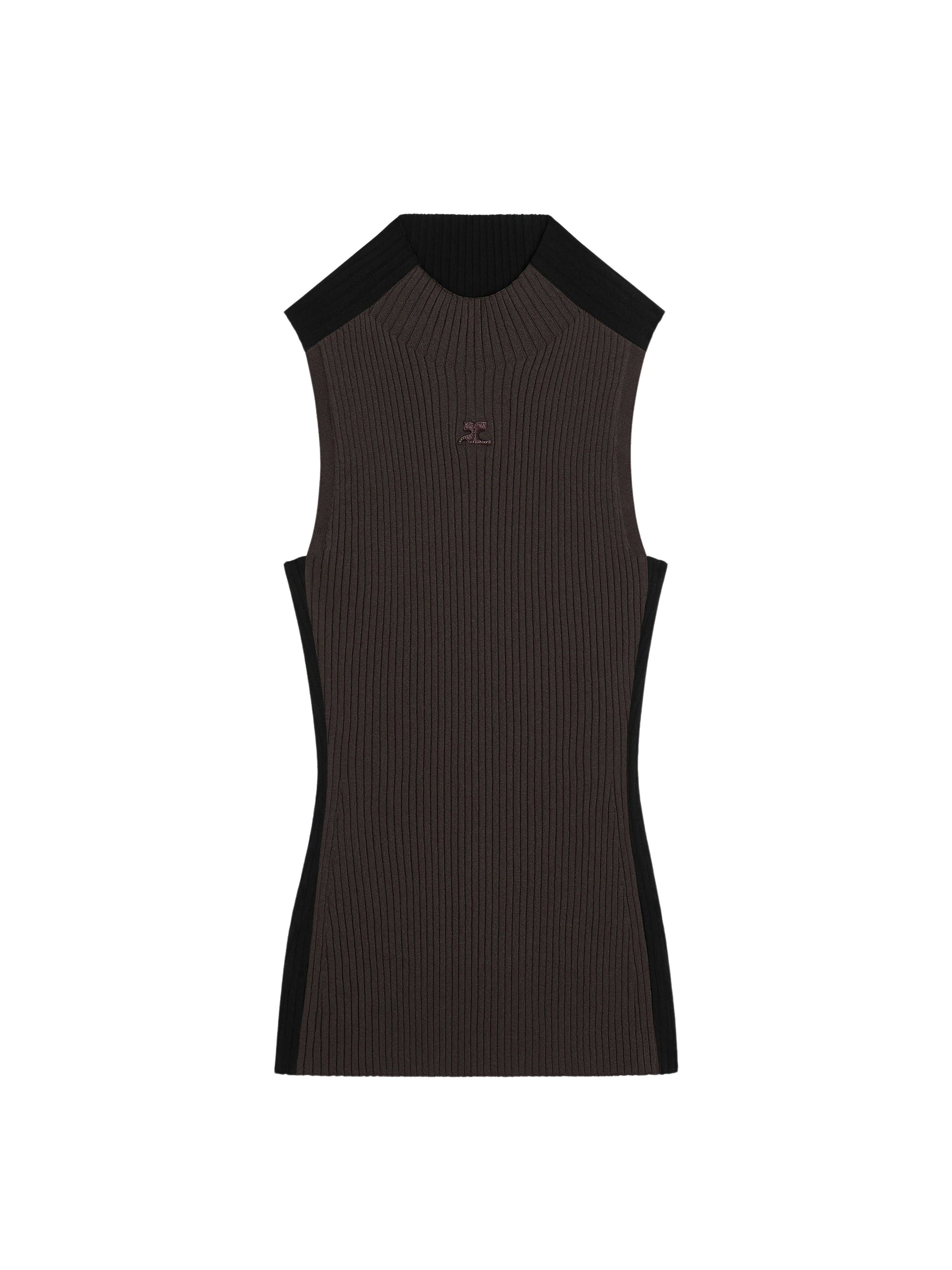 Contrast frame rib knit Top - Mud Brown & Black