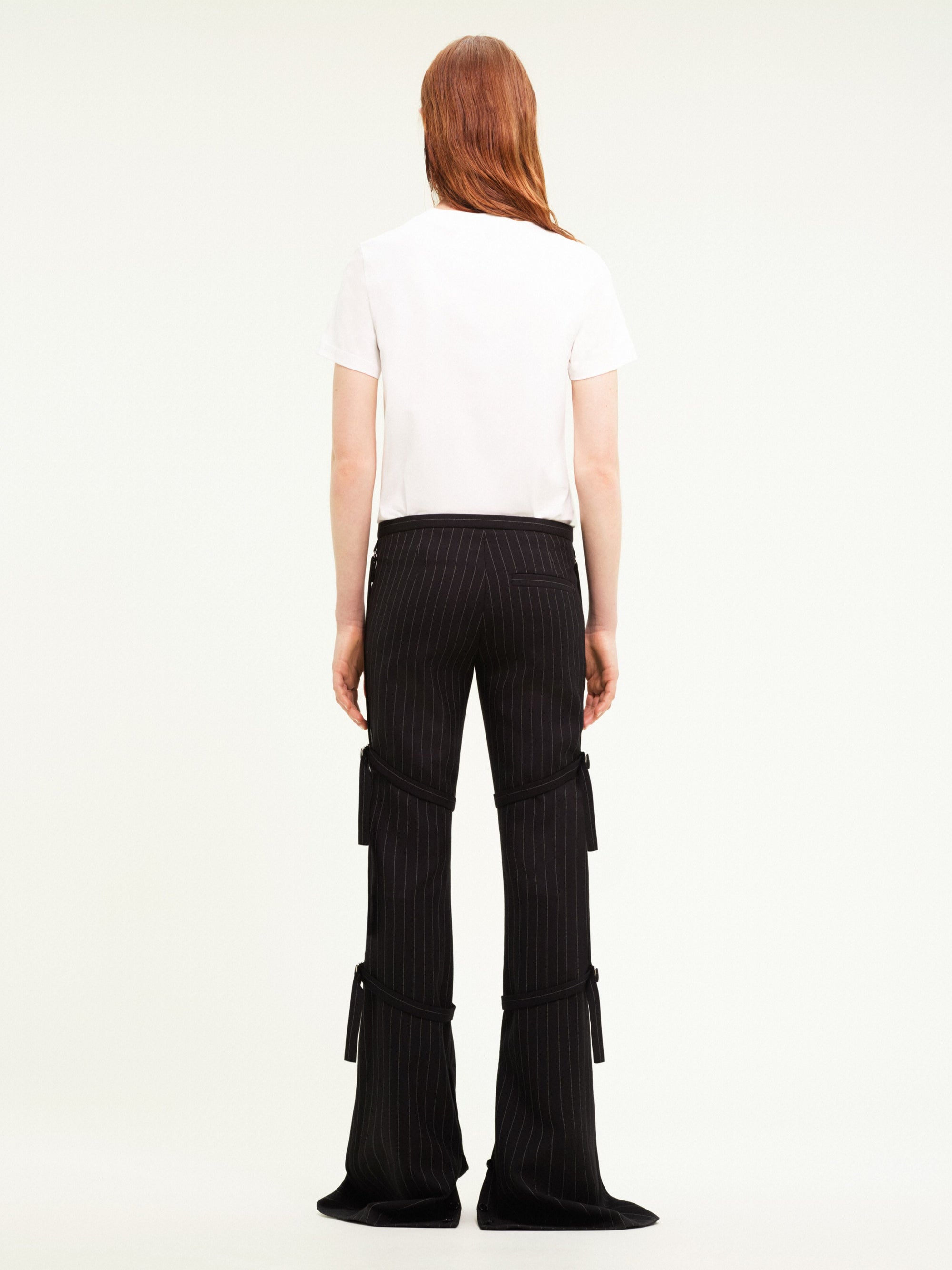 Multi-straps pinstripes bootcut wool Pant - Black & White