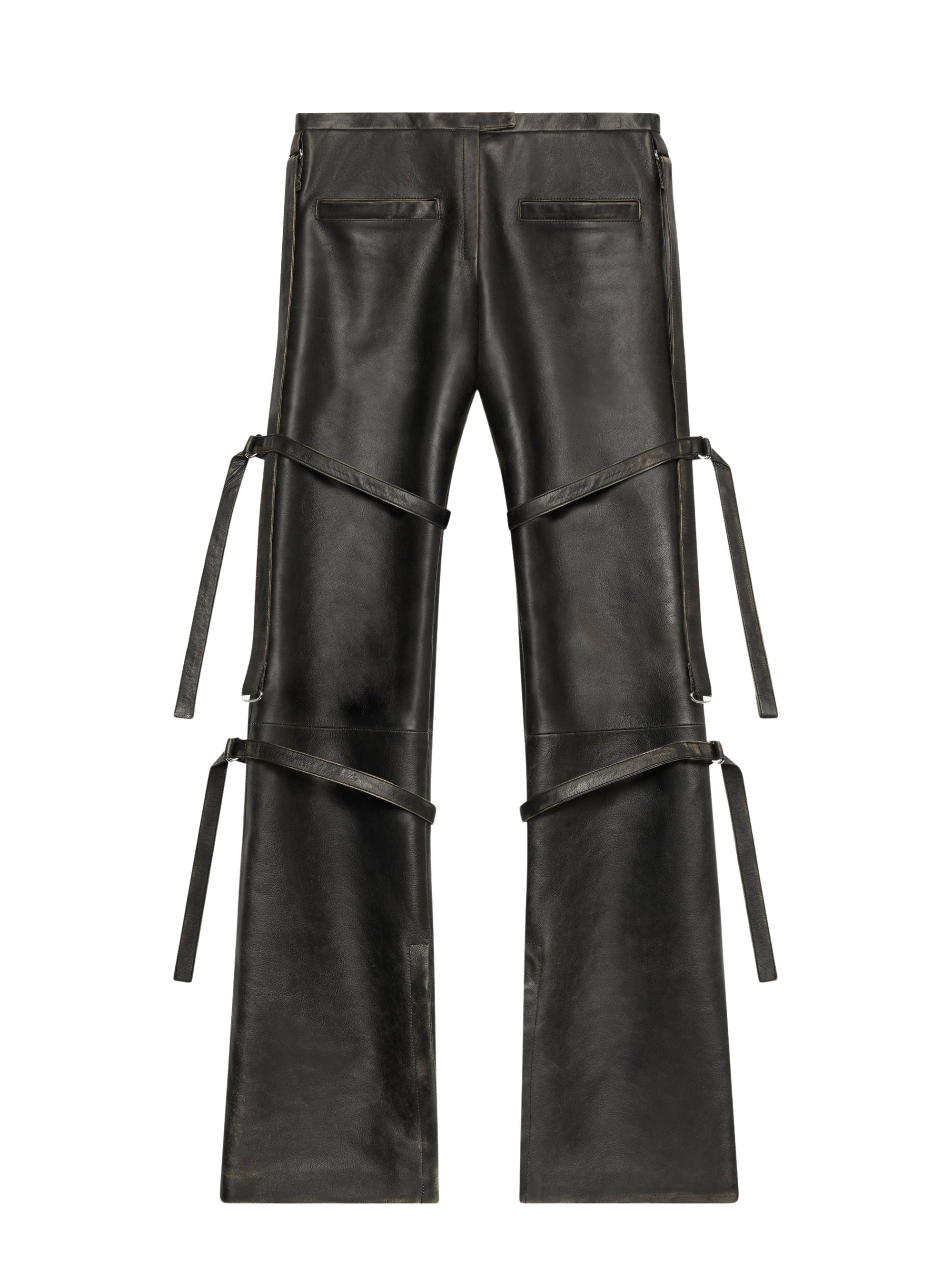 Multi-straps used leather bootcut Pant - Black