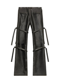 Multi-straps used leather bootcut Pant - Black